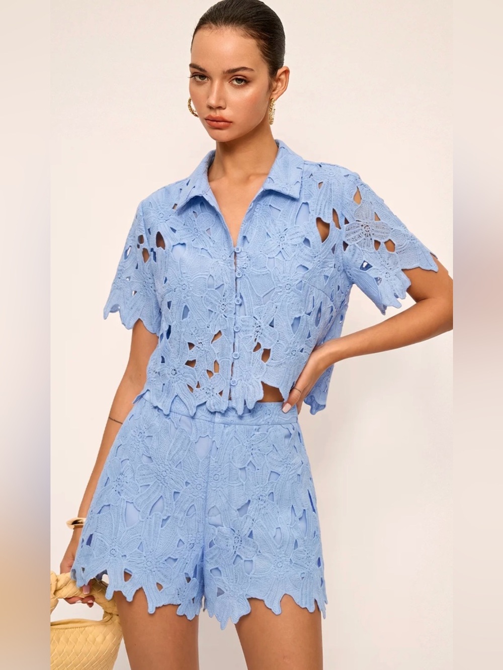 Floral Lace Cropped Shirt & Shorts Set